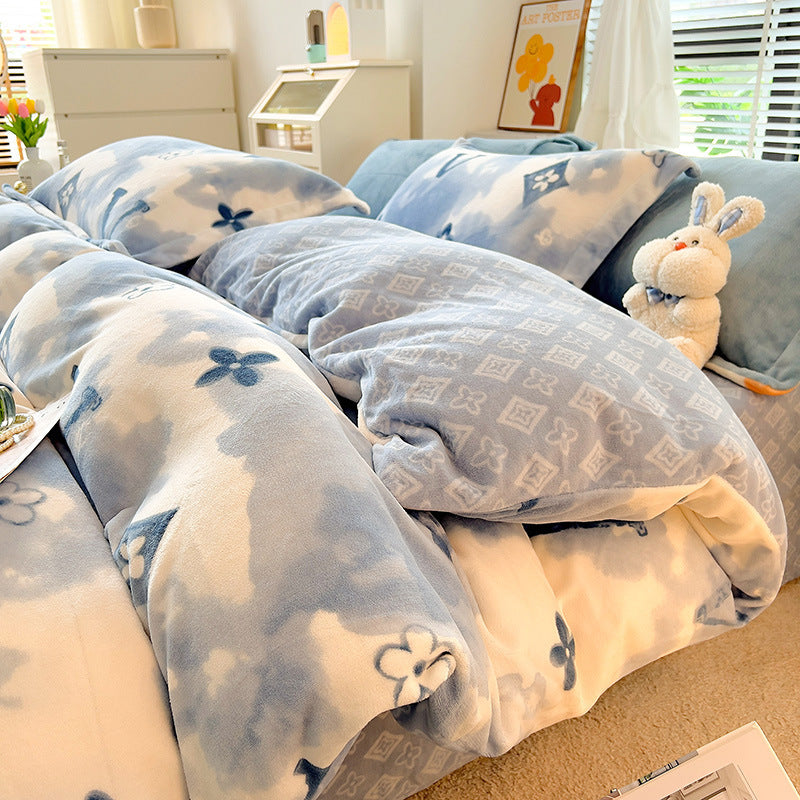 Nordic Striped Coral Fleece Duvet Cover Flannel Sheet Cover Three-piece Set EX-STOCK Canada 
