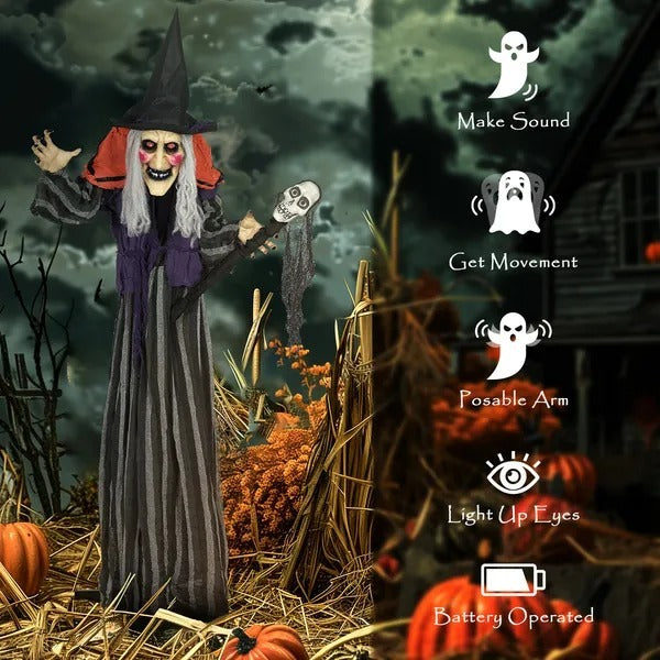 Animatronics Standing Witch, Voice-Activated Prop With Skull Staff & Flashing Eyes, Easy Setup Indoor, Orange EX-STOCK Canada 