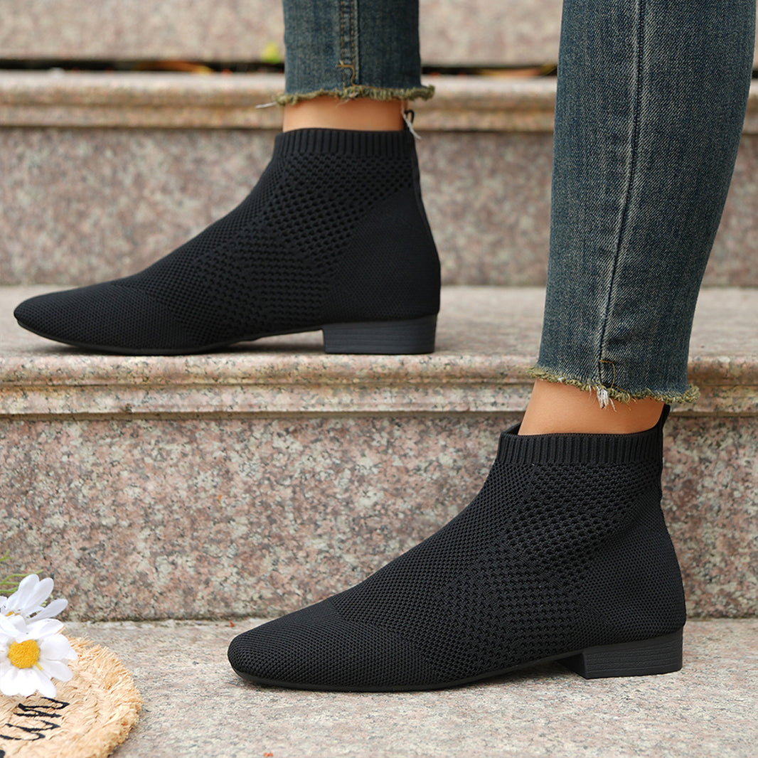 Women's Knit Sock Ankle Boots – Pointed Toe Flat Boots | Black & Camel | EU 36–43