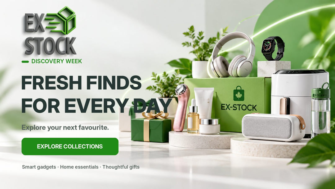 EX-Stock Discovery Week promotional banner featuring a curated collection of gadgets and home essentials, including wireless headphones, a smartwatch, a speaker, skincare items, and a small gift box, arranged on pedestals with a green EX-Stock branded box and leafy green accents.