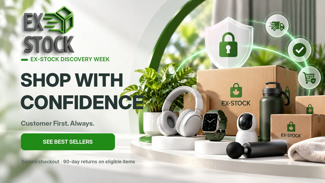 Promotional banner for EX STOCK featuring a collection of consumer electronics and accessories, including white over-ear headphones, a smartwatch, a security camera, a water bottle, and cardboard boxes labeled EX-STOCK, with green icons and text reading 'SHOP WITH CONFIDENCE' and 'EX-STOCK DISCOVERY WEEK'.
