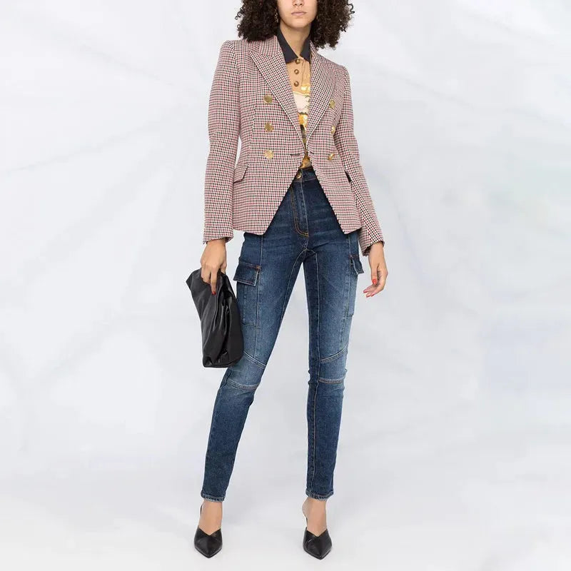 Houndstooth Small Jacket Women Long-Sleeved Double-Breasted Plaid Blazer - EX-STOCK CANADA