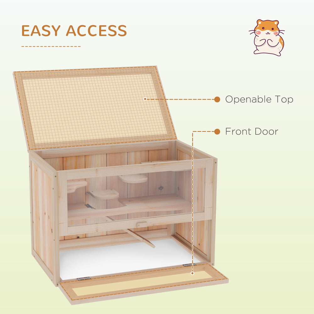 2-Tier Hamster Habitat Openable Top Front Door Shelf Ladder Stable Fir Wood Frame Nature Wood EX-STOCK
