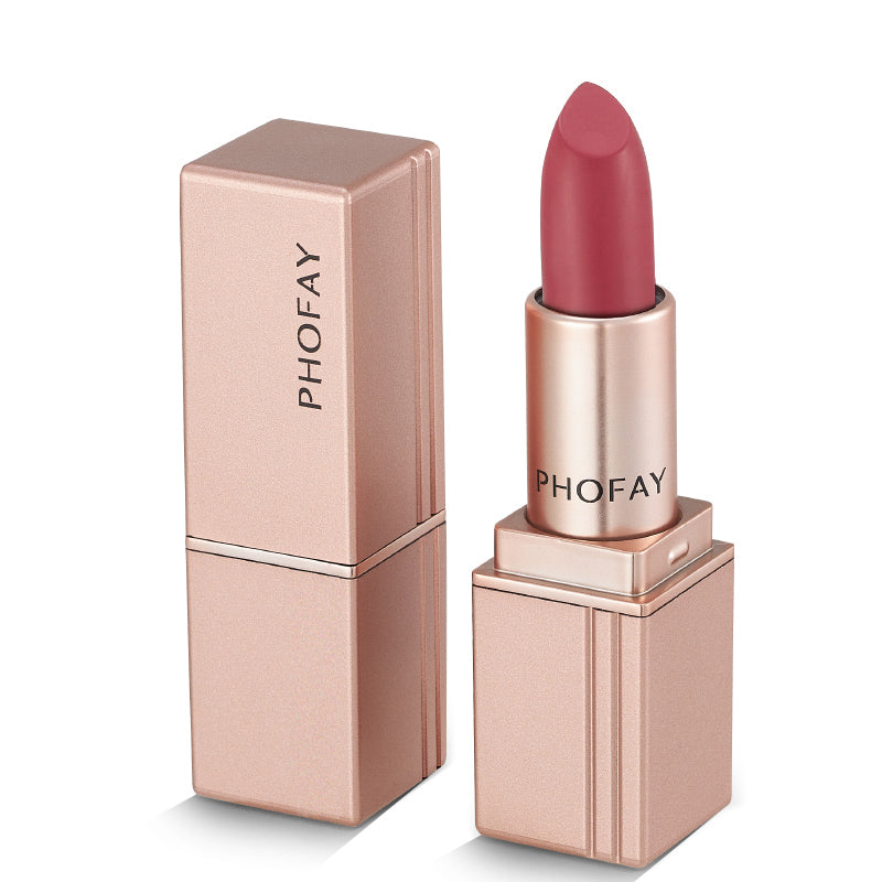 Pink lipstick with rose gold case on a white background, featuring the brand 'PHOFAY'.