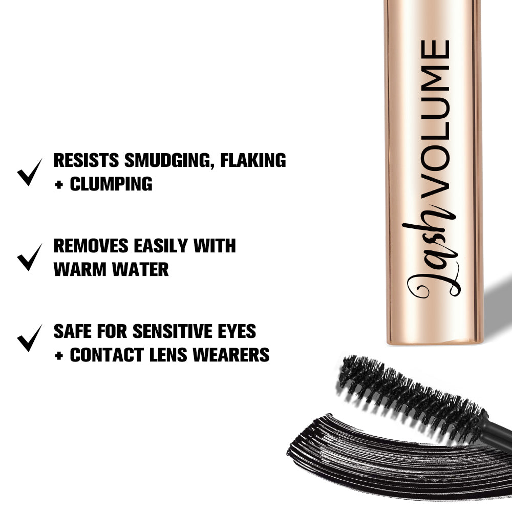 Lash Volume mascara with product features listed on a white background