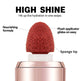 Makeup sponge applicator with text highlighting features on a white background