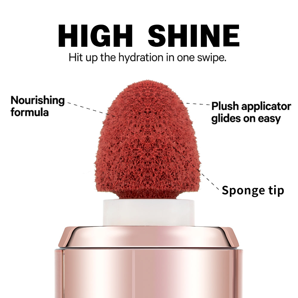 Makeup sponge applicator with text highlighting features on a white background