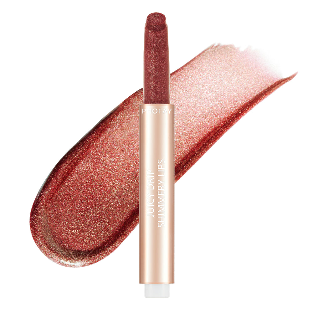 Lip gloss with applicator and swatch on a white background