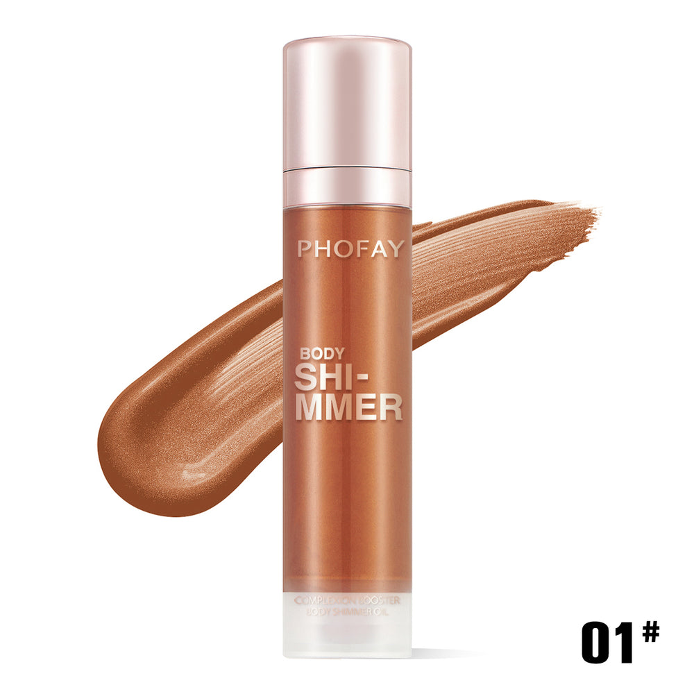 PHOFAY body shimmer bottle with a swatch on a white background