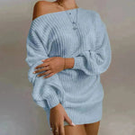 Autumn Winter Slant Shoulder Off Lantern sleeve Mini knitted wool sweater dress - EX-STOCK CANADA