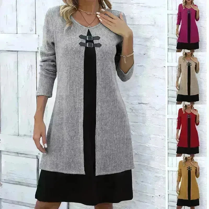 Contrast Color Buckled Round Neck Fashion Winter Sweater Dress - EX-STOCK CANADA