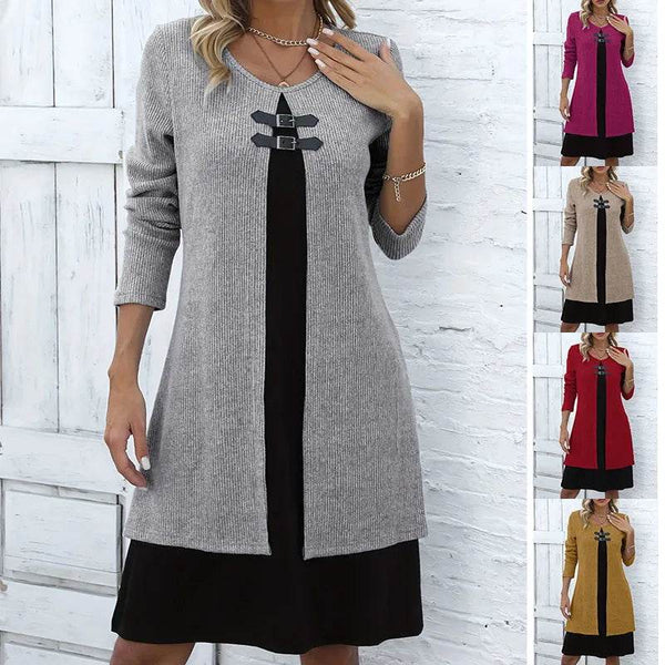 Contrast Color Buckled Round Neck Fashion Winter Sweater Dress