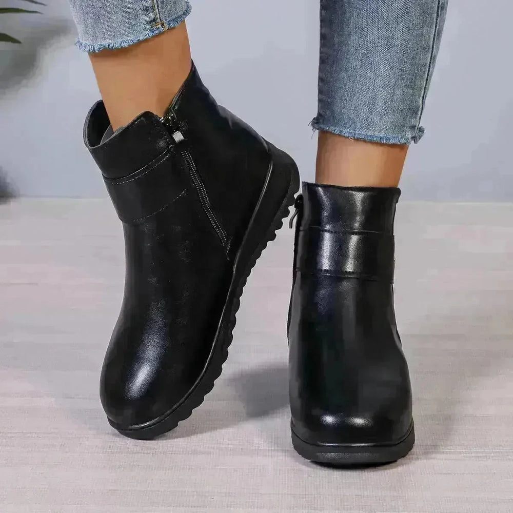 Winter Fleece Boots With Side Zipper Design Fashion Simple Non-slip Ankle Boots For Women Warm Pu Leather Shoes - EX-STOCK CANADA
