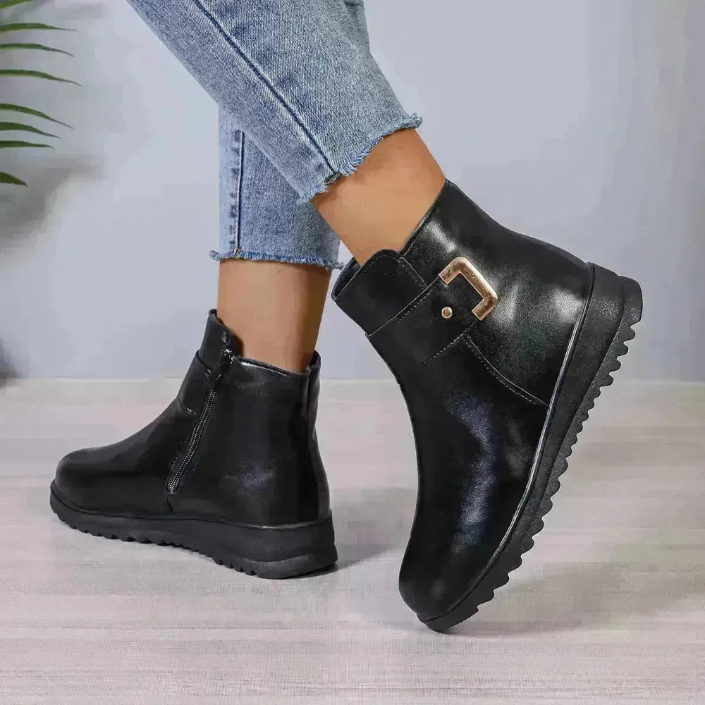 Winter Fleece Boots With Side Zipper Design Fashion Simple Non-slip Ankle Boots For Women Warm Pu Leather Shoes - EX-STOCK CANADA