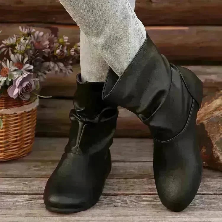 Fashion Round-toed Flat Boots Versatile Simple Slip-on Western Cowboy Boot Casual Short Shoes For Women - EX-STOCK CANADA