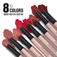 Set of lipsticks with swatches and '8 Colors' text on a white background