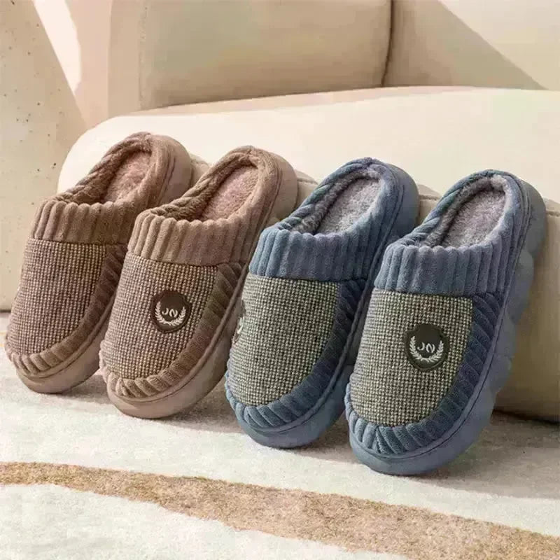 Plus Size Colorblock Plush Slippers For Women Men Winter Warm Home Slipper Indoor Thick-soled Fleece Shoes Couple - EX-STOCK CANADA