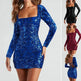 Sexy Backless Sequins Dress Fashion Slim Square Neck Long Sleeves Dresses Women Clothing - EX-STOCK CANADA