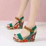 Fashion Flowers Embroidered High Wedge Sandals For Women Summer Toe Platform Buckle Shoes - EX-STOCK CANADA