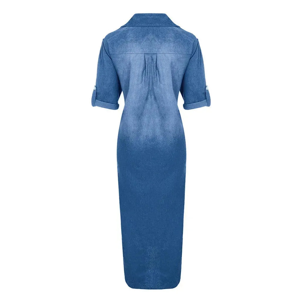 New washed denim dress Side Split Loose Mum Long Jeans Dress - EX-STOCK CANADA