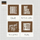 Four square coffee-themed art prints arranged in a 2x2 grid on a light gray gridded background. Each print has a brown square with white text and a white border below it containing a phrase: 'Chill', 'but first, coffee', 'you got this', and 'partyy'.