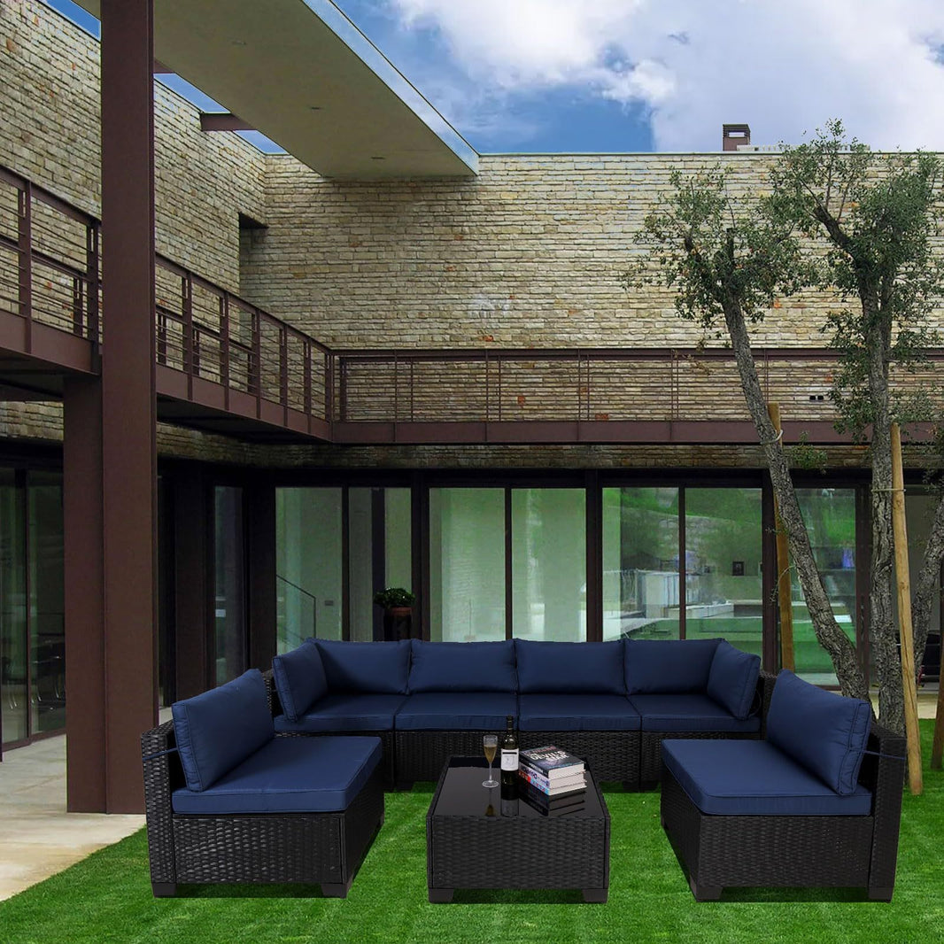 7 Pieces Outdoor Rattan Patio Sectional Set, Black Wicker Furniture Conversation Sets With Washable Cushions & Glass Coffee Table For Garden, Poolside, Backyard EX-STOCK Canada 