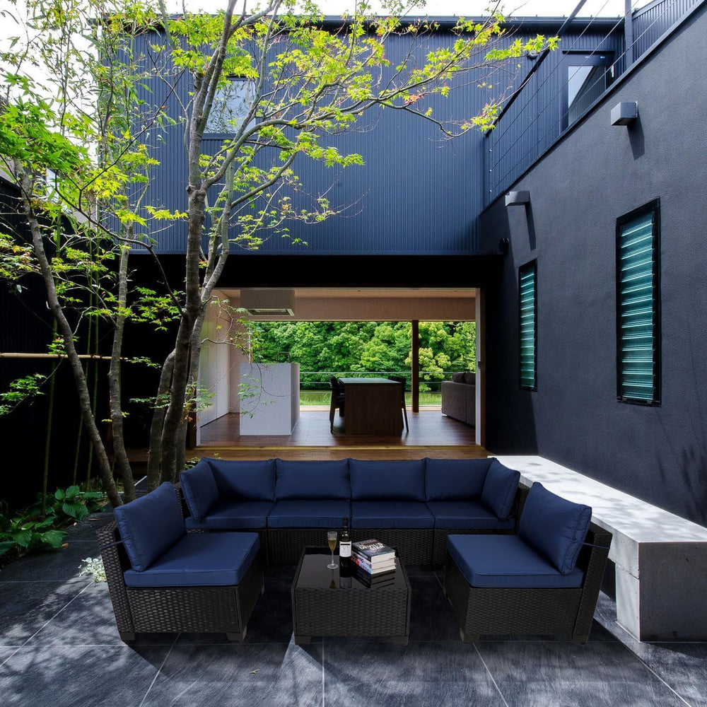 7 Pieces Outdoor Rattan Patio Sectional Set, Black Wicker Furniture Conversation Sets With Washable Cushions & Glass Coffee Table For Garden, Poolside, Backyard EX-STOCK Canada 