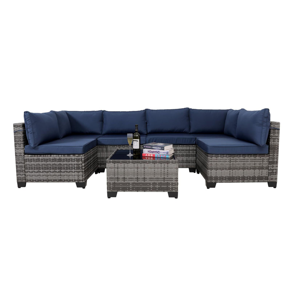 7 Pieces Outdoor Rattan Patio Sectional Set, Black Wicker Furniture Conversation Sets With Washable Cushions & Glass Coffee Table For Garden, Poolside, Backyard EX-STOCK Canada 