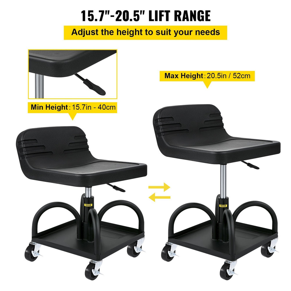 Rolling Garage Stool, 300LBS Capacity, Adjustable Height From 15.7 In To 20.5 In, Mechanic Seat With 360-degree Swivel Wheels And Tool Tray, For Workshop, Auto Repair Shop, Black EX-STOCK