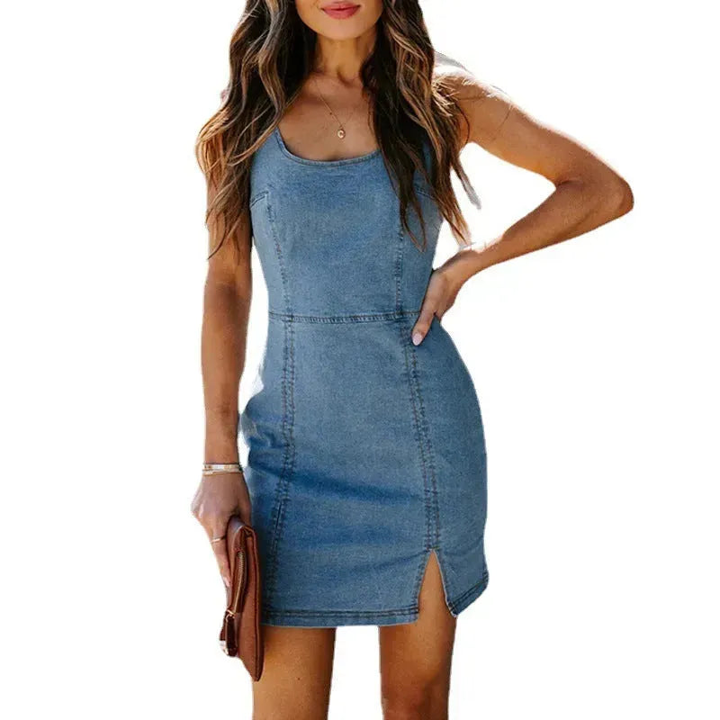Women's  hot sleeveless Jeans Denim Mini fitted Dress Women's Tight Back side split - EX-STOCK CANADA