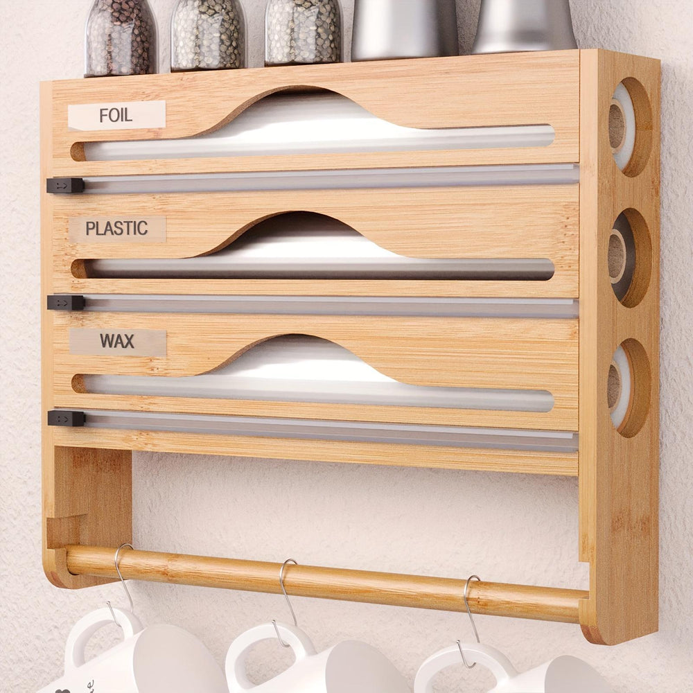 Bamboo Plastic Wrap Cutter With Paper Towel Holder Kitchen Wall-mounted Tinfoil Cutter With Three-grid Cutter And Paper Towel Storage Rack EX-STOCK
