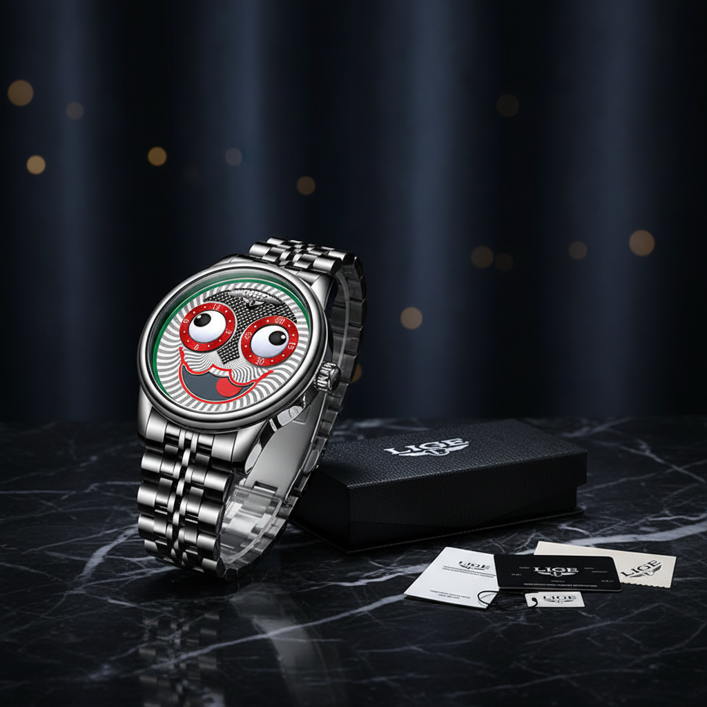 A silver-tone metal wristwatch with a round face featuring a stylized cartoon face in red, green, black, and white, displayed upright beside a black branded box and small cards on a dark marble surface against a dark blue backdrop.
