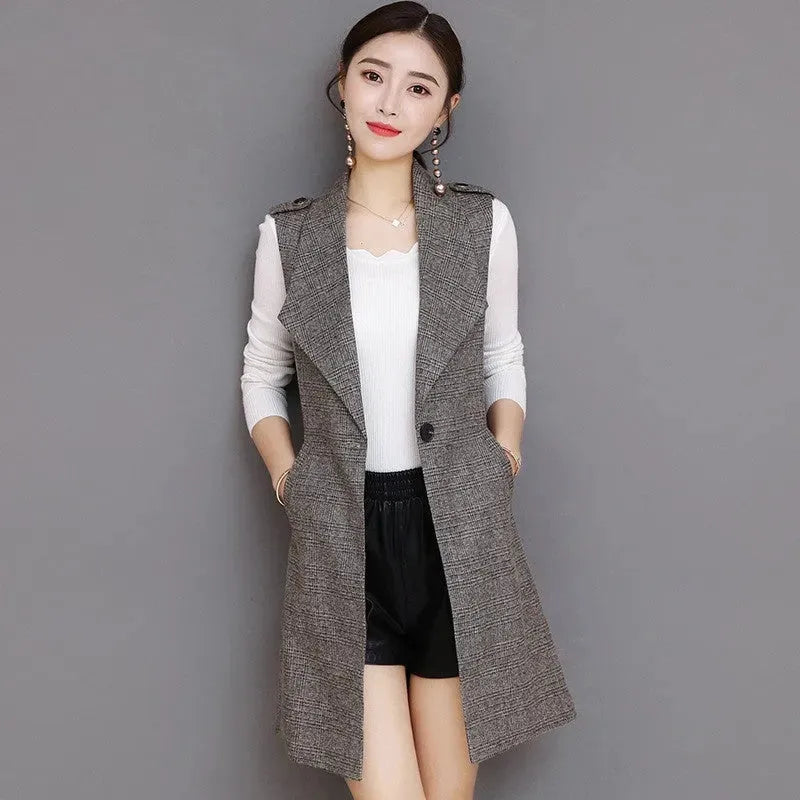 Plaid Long Blazer Vest Women Sleeveless Jacket - EX-STOCK CANADA