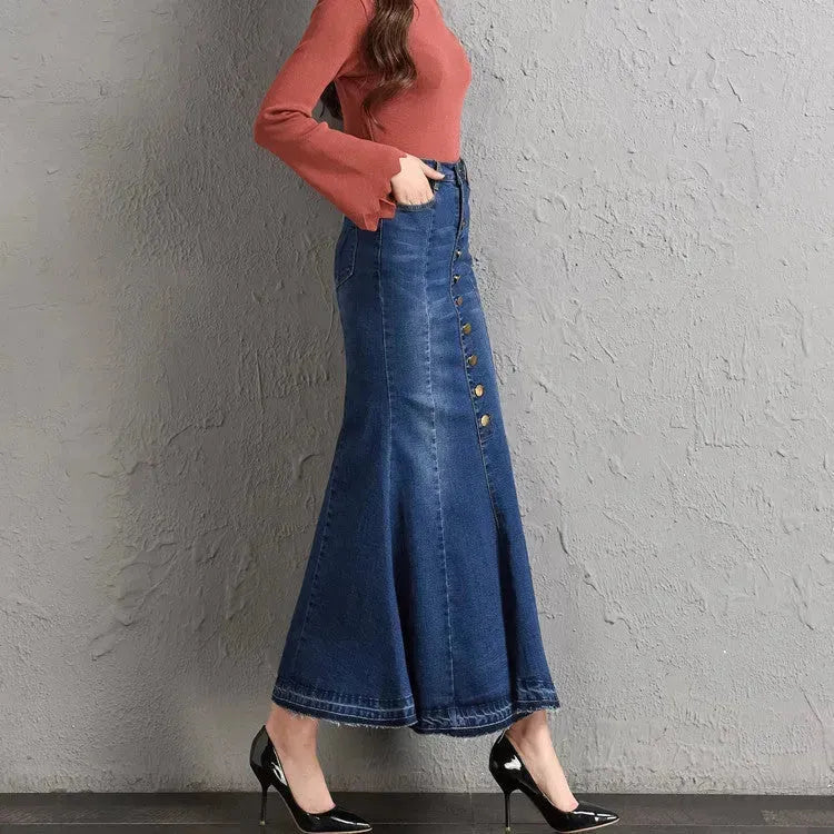 New Fashion Fitted Button up Mermaid Midi Denim Skirt - EX-STOCK CANADA