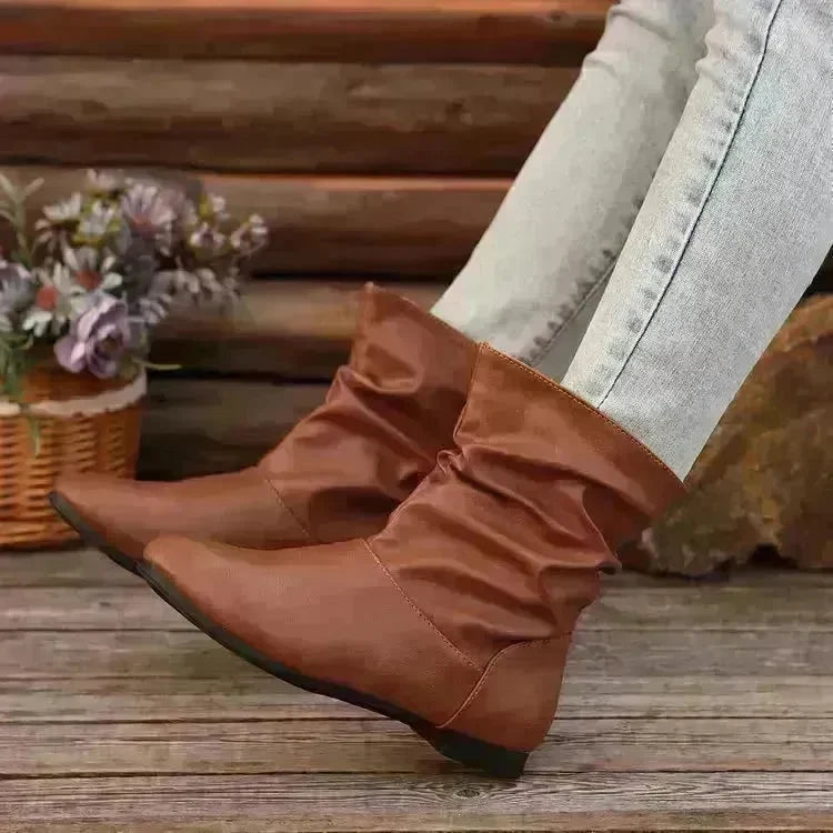 Fashion Round-toed Flat Boots Versatile Simple Slip-on Western Cowboy Boot Casual Short Shoes For Women - EX-STOCK CANADA