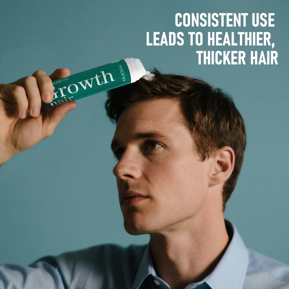Man applying hair growth product with text about consistent use leading to healthier, thicker hair.