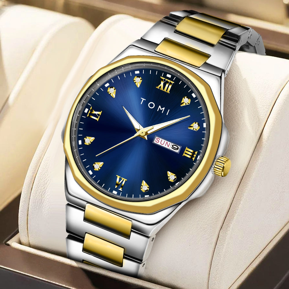 Luxury TOMI watch with blue dial and gold accents on a beige cushion