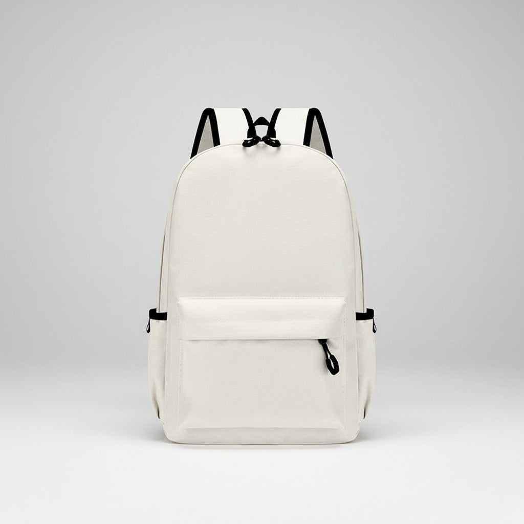 White backpack with black straps on a white background