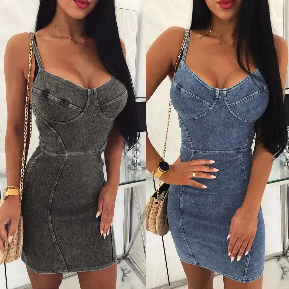 Chic Sleeveless slim fitted Mini Denim hip dress