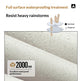 Promotional graphic for a waterproof fabric treatment, showing water droplets beading on a light beige textured material. Text reads 'Full surface waterproofing treatment' and 'Resist heavy rainstorms,' with a small diagram illustrating sunshade and rainproof behavior.