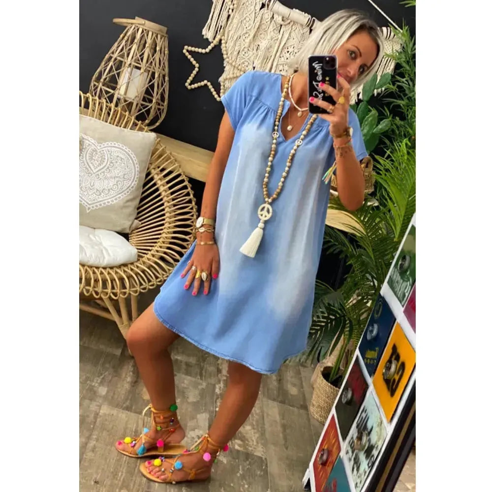 Round Neck Pleated Loose Solid Color Casual Plus Size Denim Dress - EX-STOCK CANADA