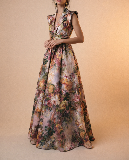 Women's Floral Printed Sleeveless Ballgown Maxi Dress – Deep V-Neck Garden Party Gown | Sizes XS–2XL
