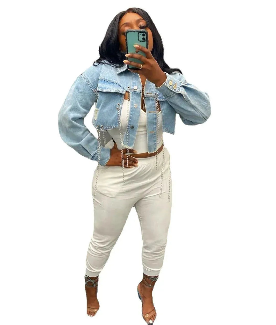 Short Frayed Denim Jacket Women Chain Fashion Style