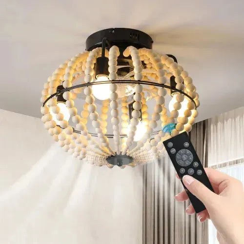 Beaded Fan Lamp Wooden Beaded Chandelier Oak White - EX-STOCK CANADA