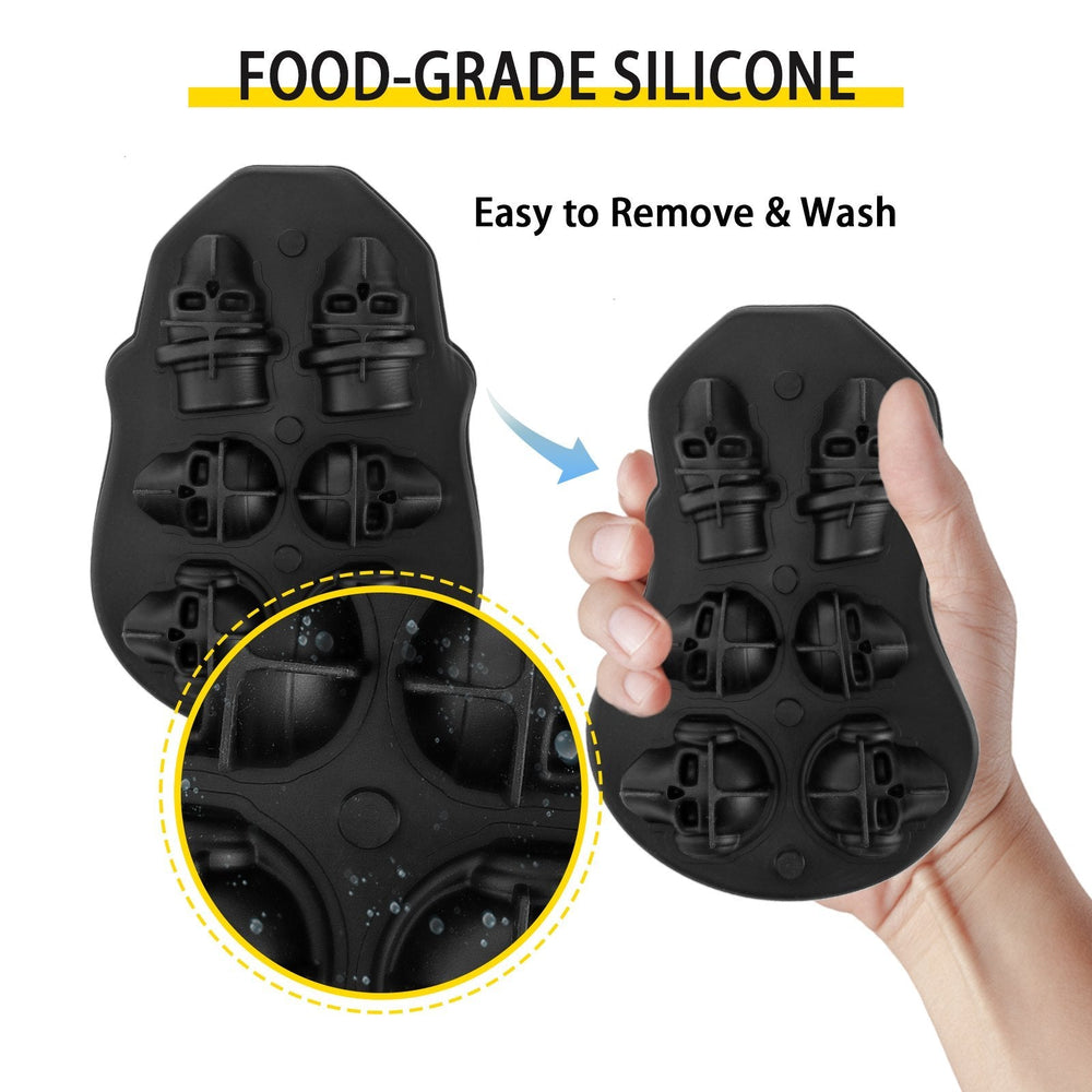 Skull Ice Cube Tray, 6-Grid Skull Ice Ball Maker, Flexible Black Silicone Ice Tray With Lid & Funnel, Skull Ice Cubes In 3 Distinct Patterns For Beverages & Chocolates On Parties & Holidays EX-STOCK