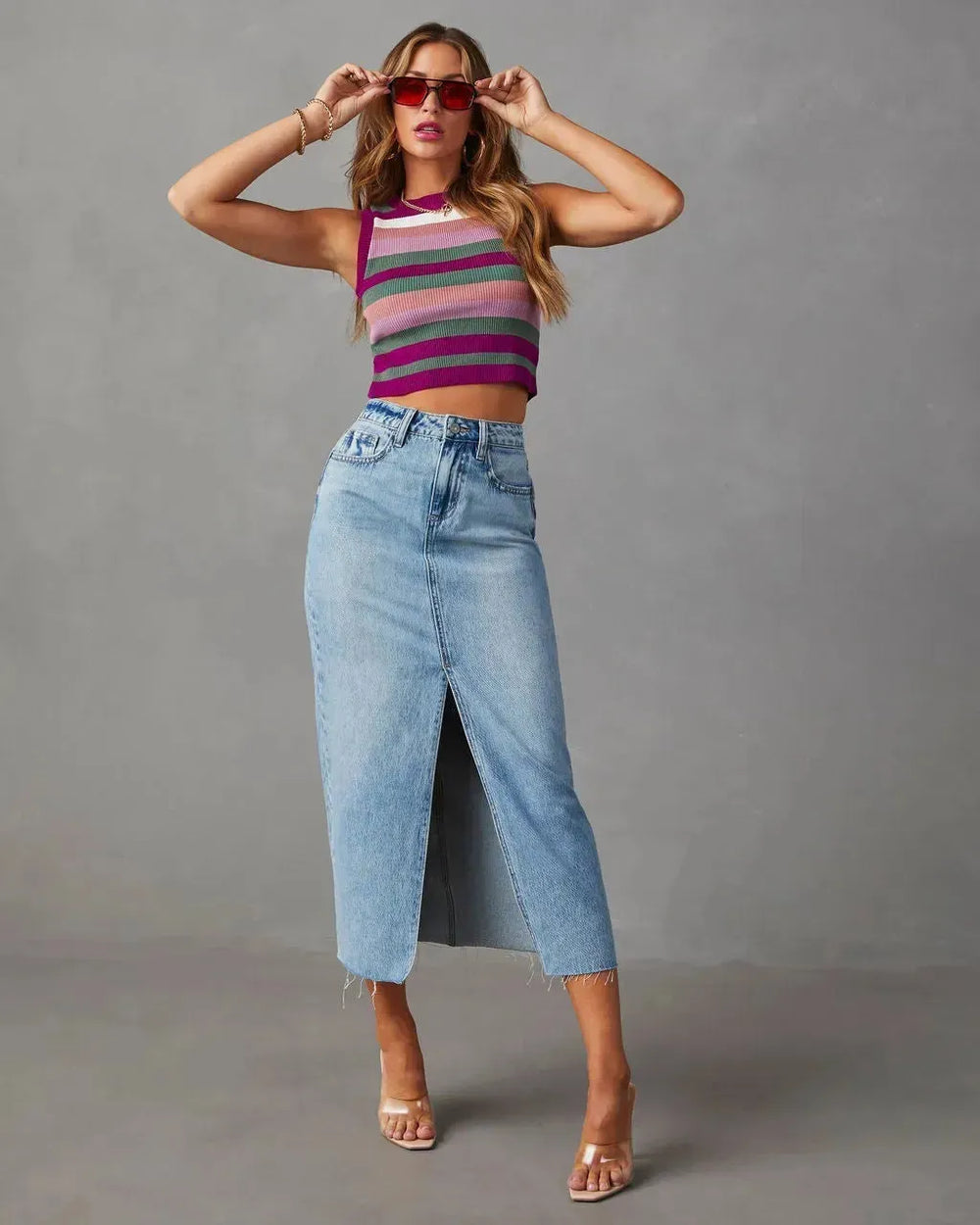 Women's Fashion Slimming front split Midi Denim Skirt - EX-STOCK CANADA