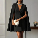 Women's Elegant Solid Color V Neck Double-Breasted Cape Blazer Dress Spring & Summer Party Banquet Outfit EX-STOCK