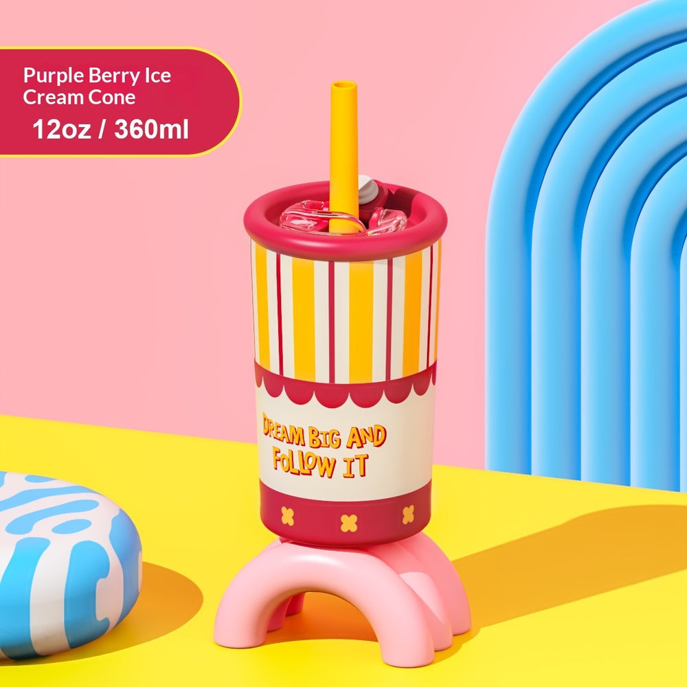 A novelty purple berry ice cream cone cup-shaped drink holder with a yellow straw, set on a yellow surface against a pink background with blue arches.