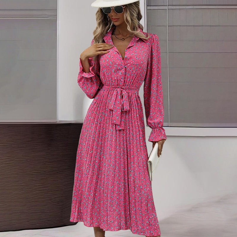 Women's Long Sleeve Midi Dress V Neck Button Down Belted A-Line Flowy EX-STOCK