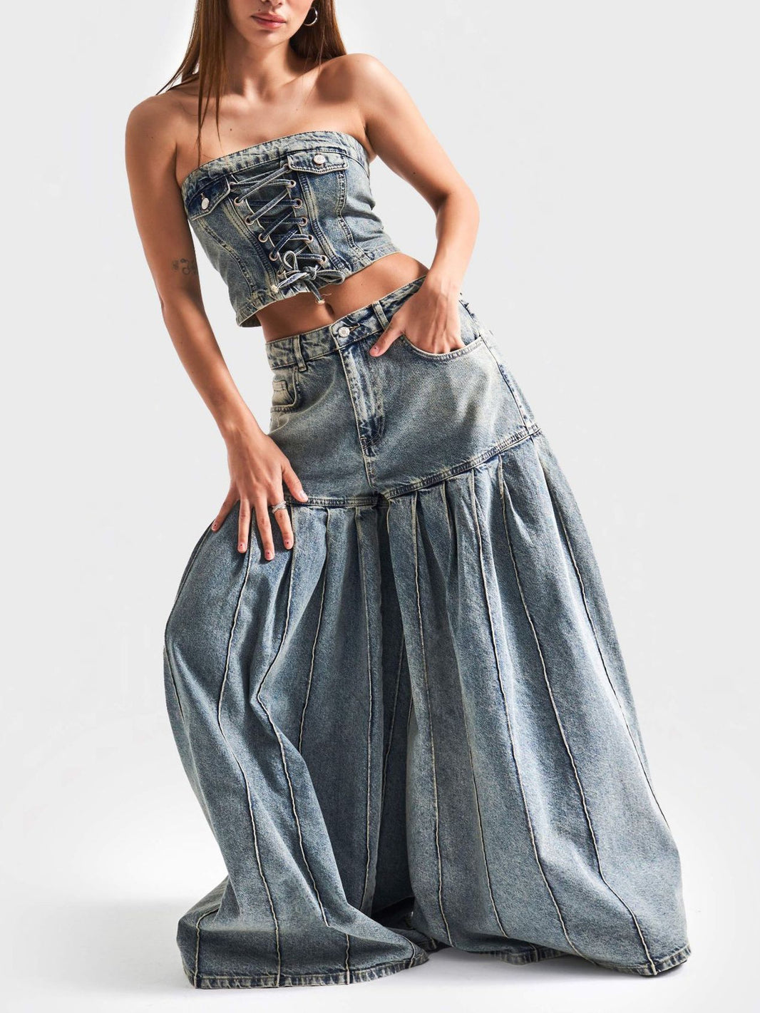 Strapless Denim Lace-Up Corset Crop Top & Balloon Wide-Leg Pants Set – Washed Blue Denim | Sizes S–2XL